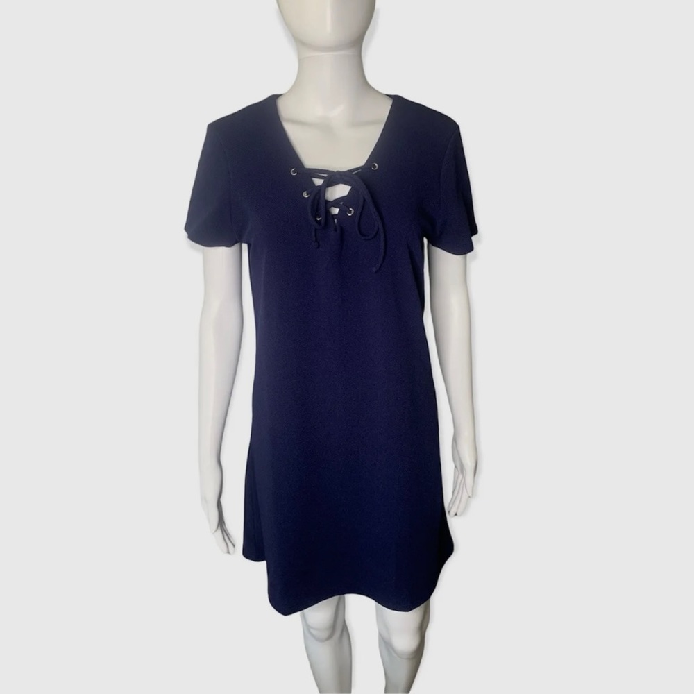 Hippie Rose Lace Up Front Women’s Blue Mini Tunic Dress - Medium